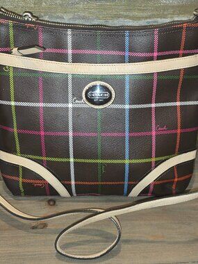 Authentic Coach Peyton Tattersall Plaid File Crossbody Bag in Dark Brown coated